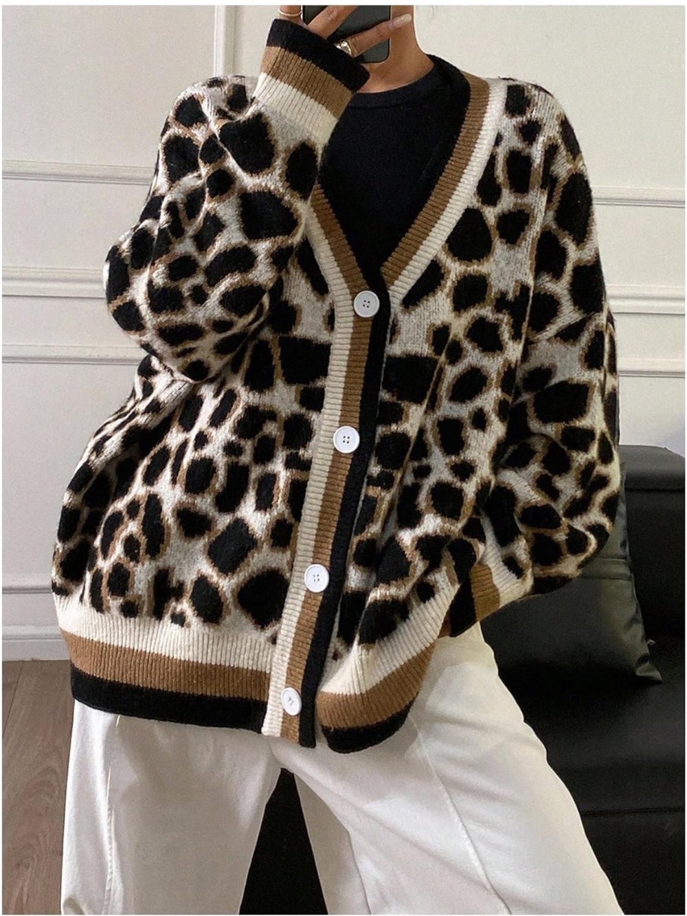 Leopard Print Button-Front Cardigan Sweater - Black & Brown. NWOT. Size Small.